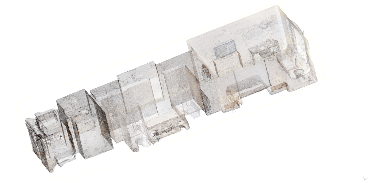 MatterPak™ point cloud výstup z 3D skenovania pre The Langham – Juinor Suite, určený pre architektonické a inžinierske aplikácie.
