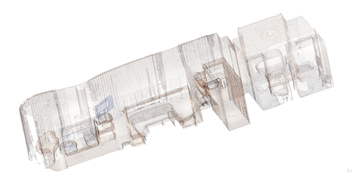 MatterPak™ point cloud výstup z 3D skenovania pre Pendry Manhattan West – Corner Studio Suite, určený pre architektonické a inžinierske aplikácie.